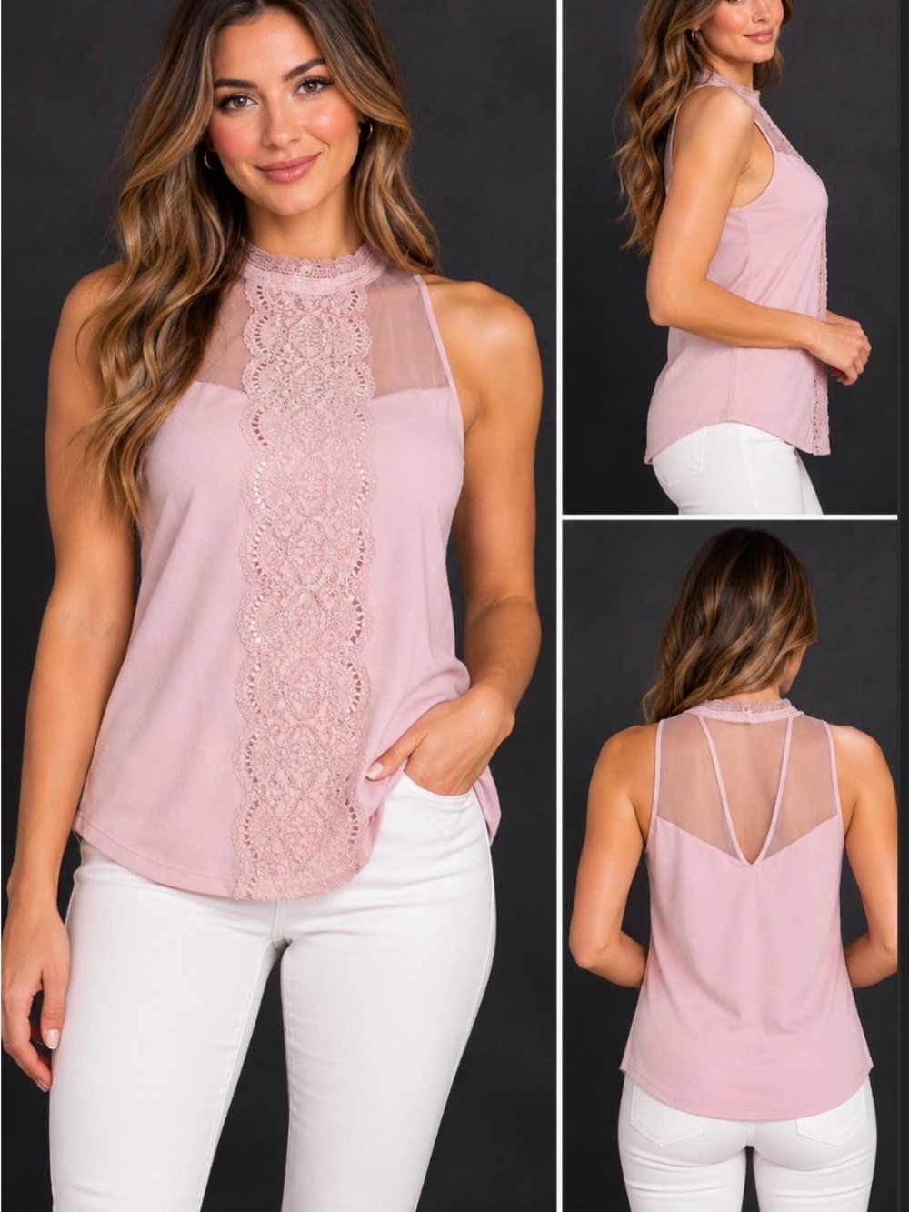 Express Pink Lace Mesh High Neck Sleeveless Top Size Medium